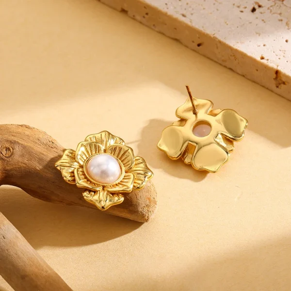 Flower Pearl Stud Earrings - Image 3